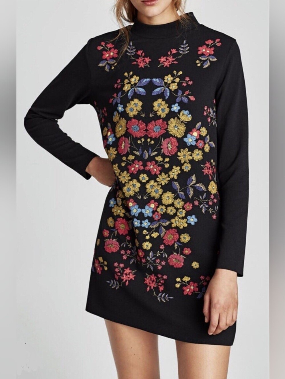 Zara Black Long-Sleeve Mini Dress with Multicolor Floral Embroidery Size L NWT - Picture 2 of 14